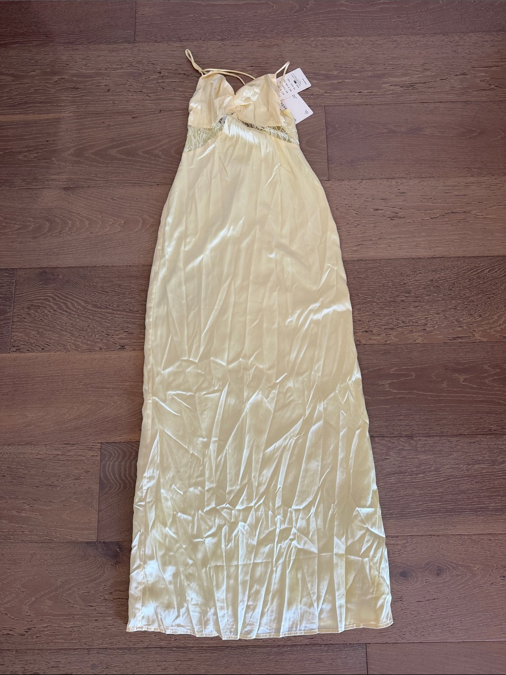 Peppermayo Pale Yellow Satin Slip Dress with Lace Trim